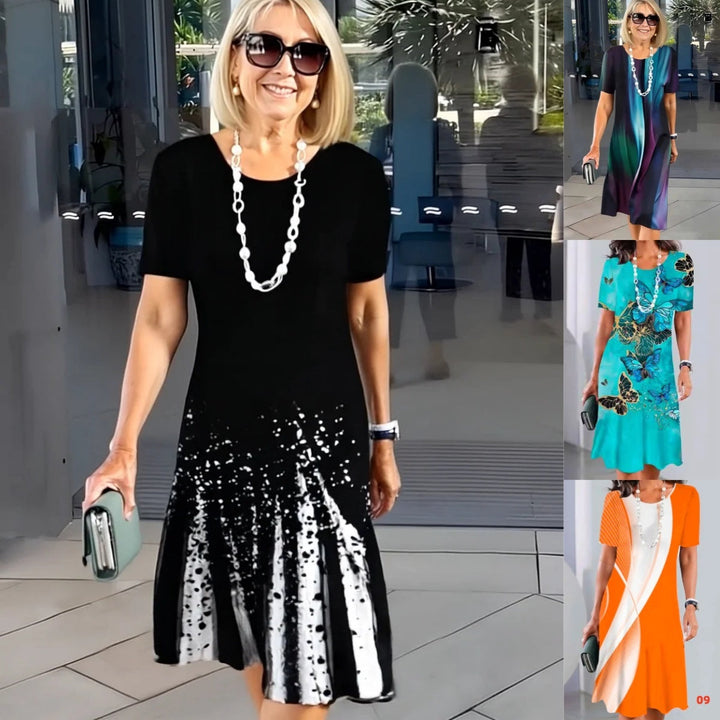 Duttini | Feminine Print Midi Dress Short Sleeve A-Line Casual