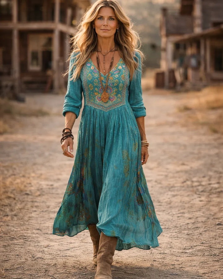Duttini | Romantic Embroidered V Neck Maxi Dress with a Timeless Finish