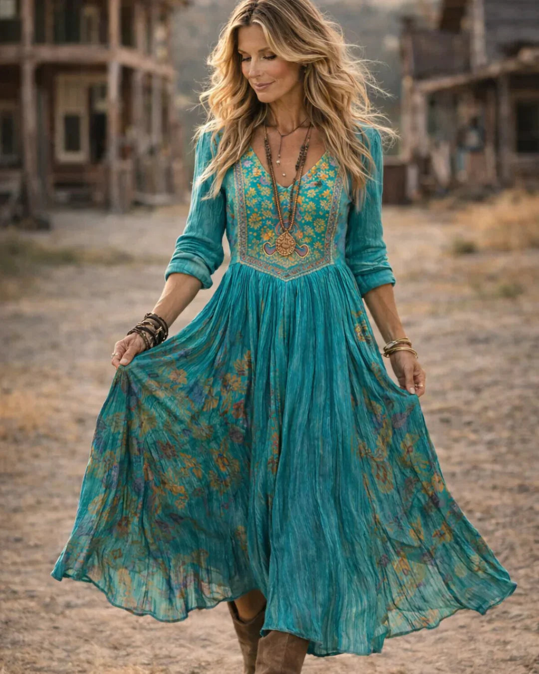 Duttini | Romantic Embroidered V Neck Maxi Dress with a Timeless Finish
