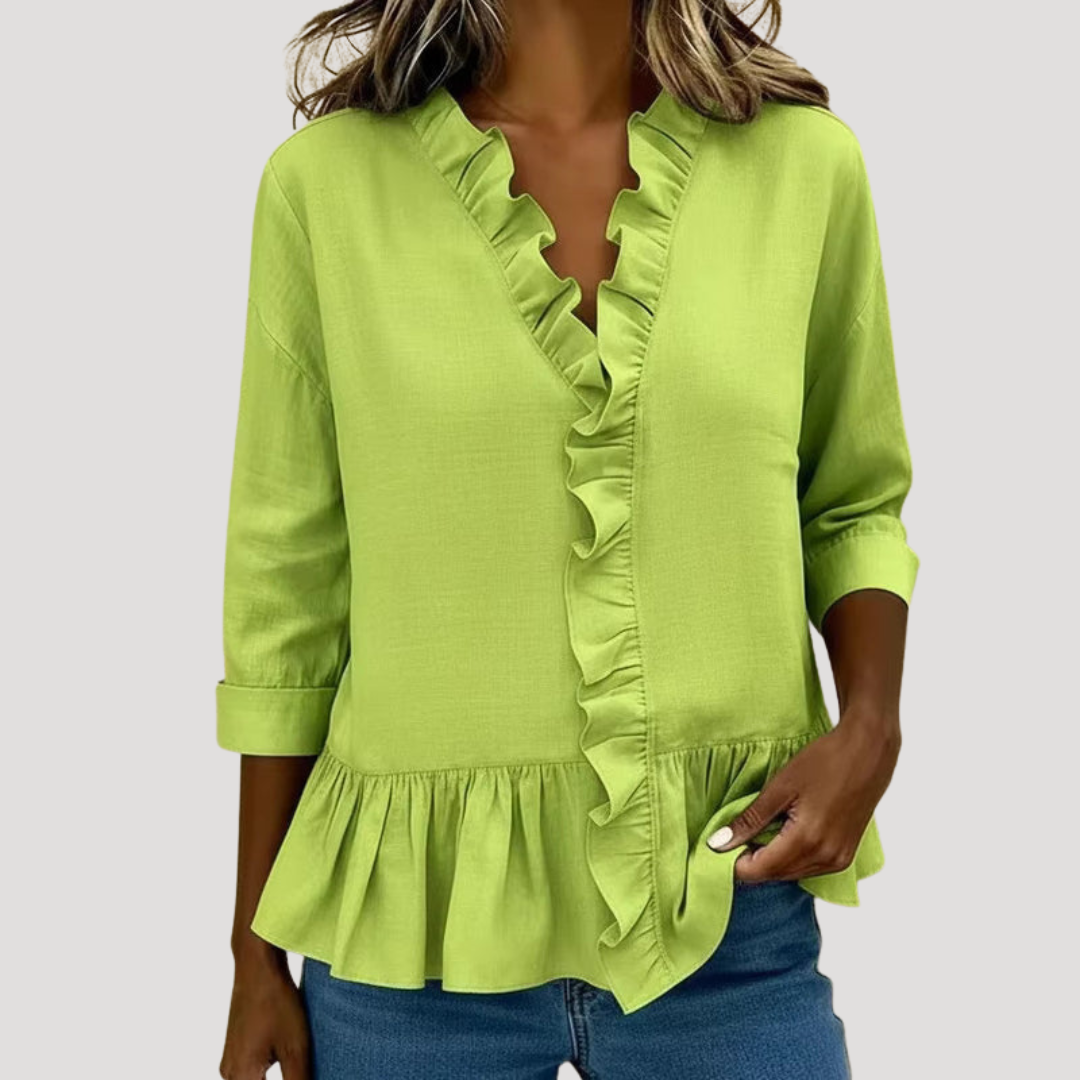 Duttini | Chic Ruffle Trim V-Neck Peplum Blouse for a Polished Look