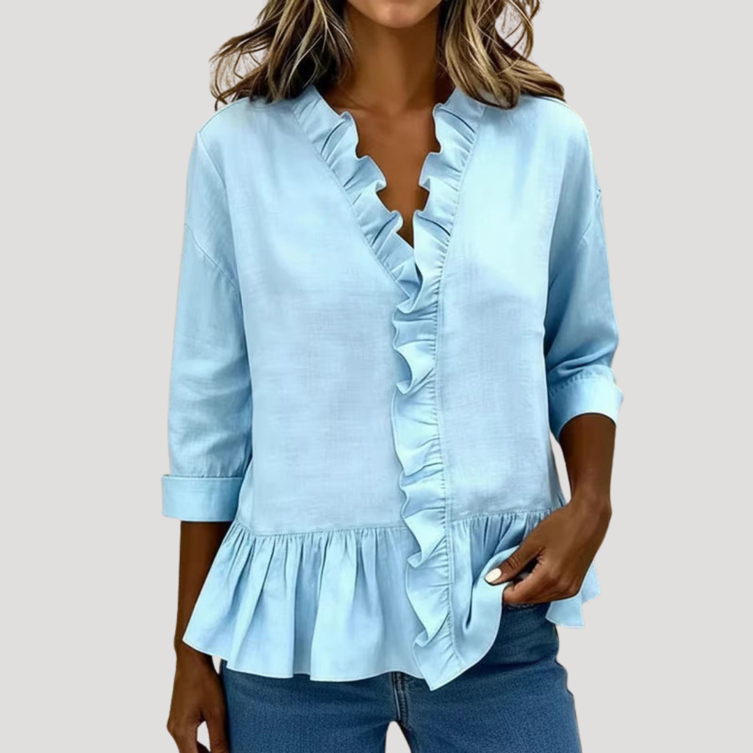Duttini | Chic Ruffle Trim V-Neck Peplum Blouse for a Polished Look