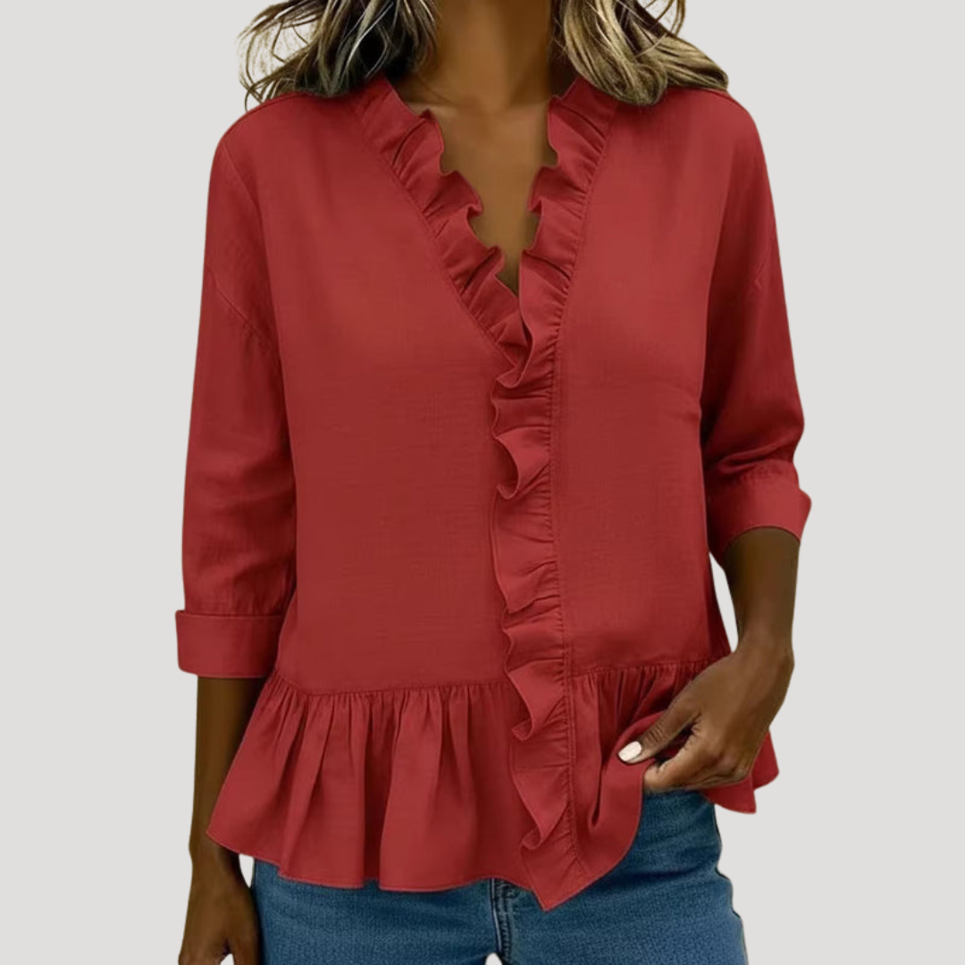 Duttini | Chic Ruffle Trim V-Neck Peplum Blouse for a Polished Look