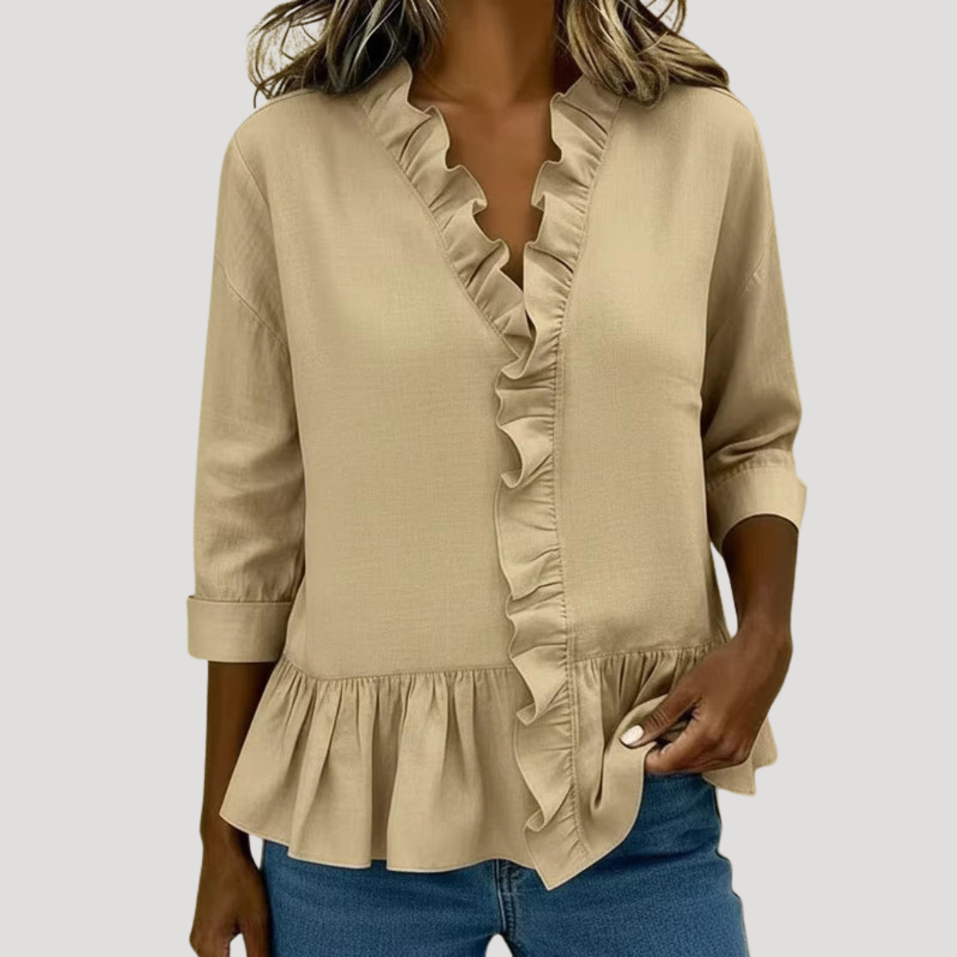 Duttini | Chic Ruffle Trim V-Neck Peplum Blouse for a Polished Look