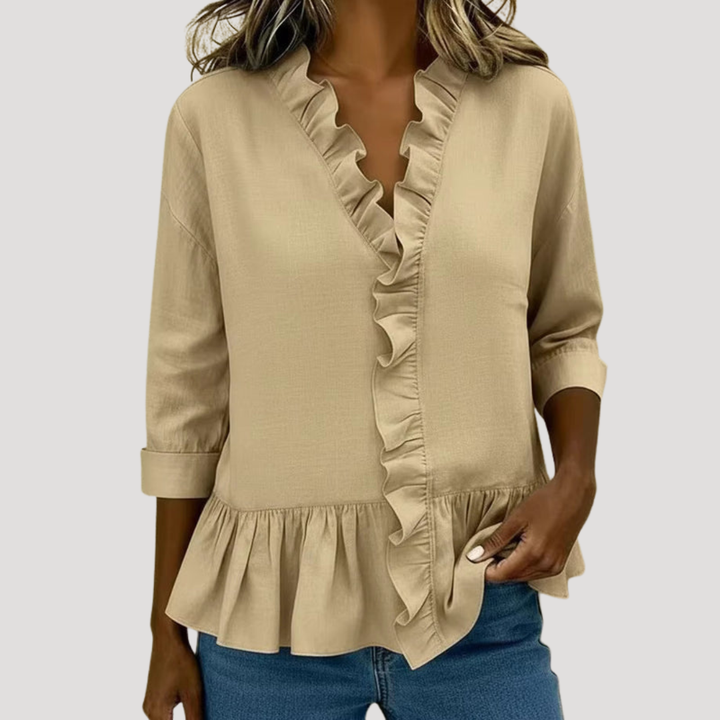 Duttini | Chic Ruffle Trim V-Neck Peplum Blouse for a Polished Look