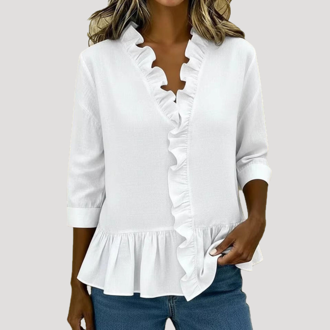 Duttini | Chic Ruffle Trim V-Neck Peplum Blouse for a Polished Look