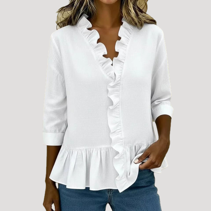 Duttini | Chic Ruffle Trim V-Neck Peplum Blouse for a Polished Look
