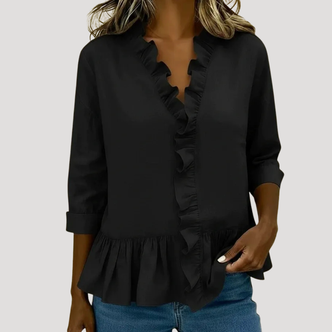Duttini | Chic Ruffle Trim V-Neck Peplum Blouse for a Polished Look