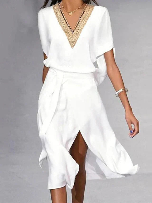 Duttini | Modern White Midi Dress V-Neck Gold Trim Short Sleeve