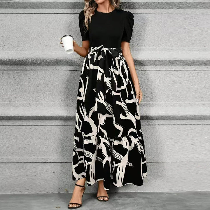 Duttini | Elegant Puff Sleeve Floral Maxi Dress With Tie Waist