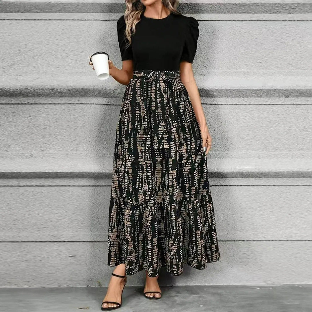 Duttini | Elegant Puff Sleeve Floral Maxi Dress With Tie Waist