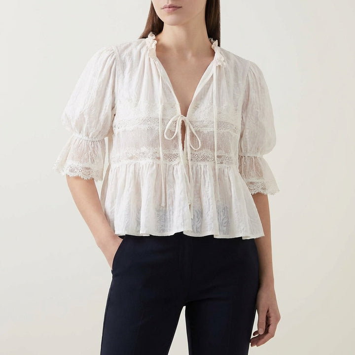 Duttini | Flowing Bohemian Babydoll Blouse With Lace Insets And Ruffle Trim