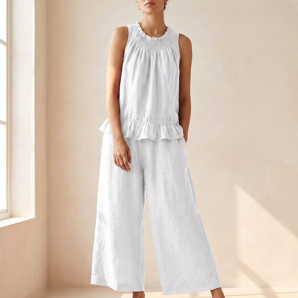 Duttini | Graceful Bohemian-Inspired Relaxed Two-Piece Set With Ruffled Neckline And Wide-Leg Trousers