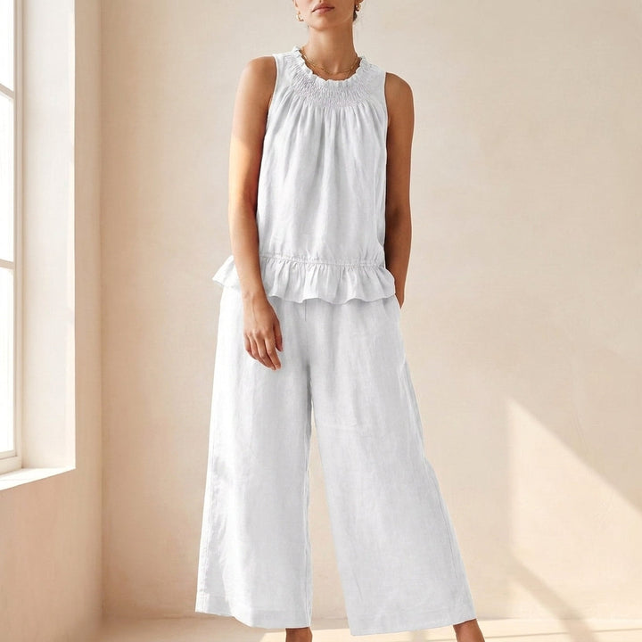Duttini | Graceful Bohemian-Inspired Relaxed Two-Piece Set With Ruffled Neckline And Wide-Leg Trousers