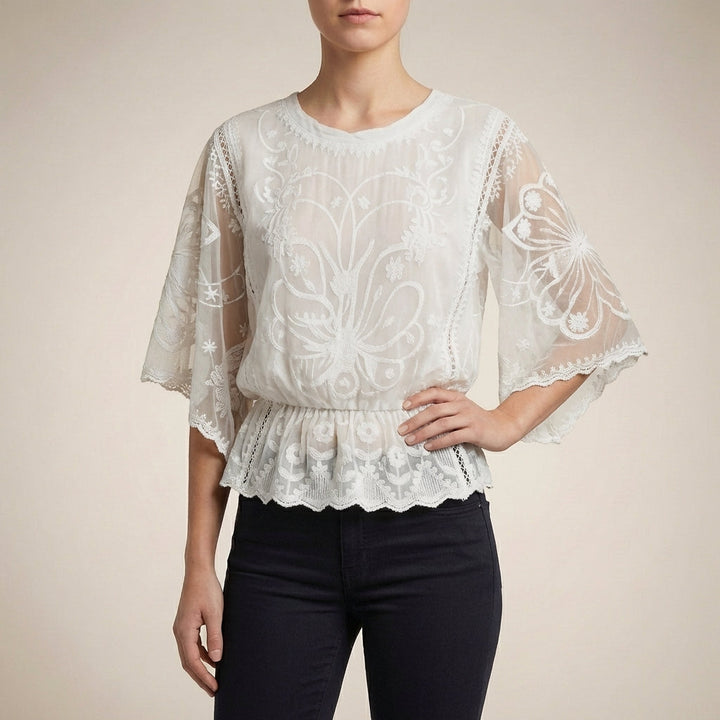 Duttini | Elegant Boho-Chic Embroidered Sheer Mesh Blouse With Flared Sleeves