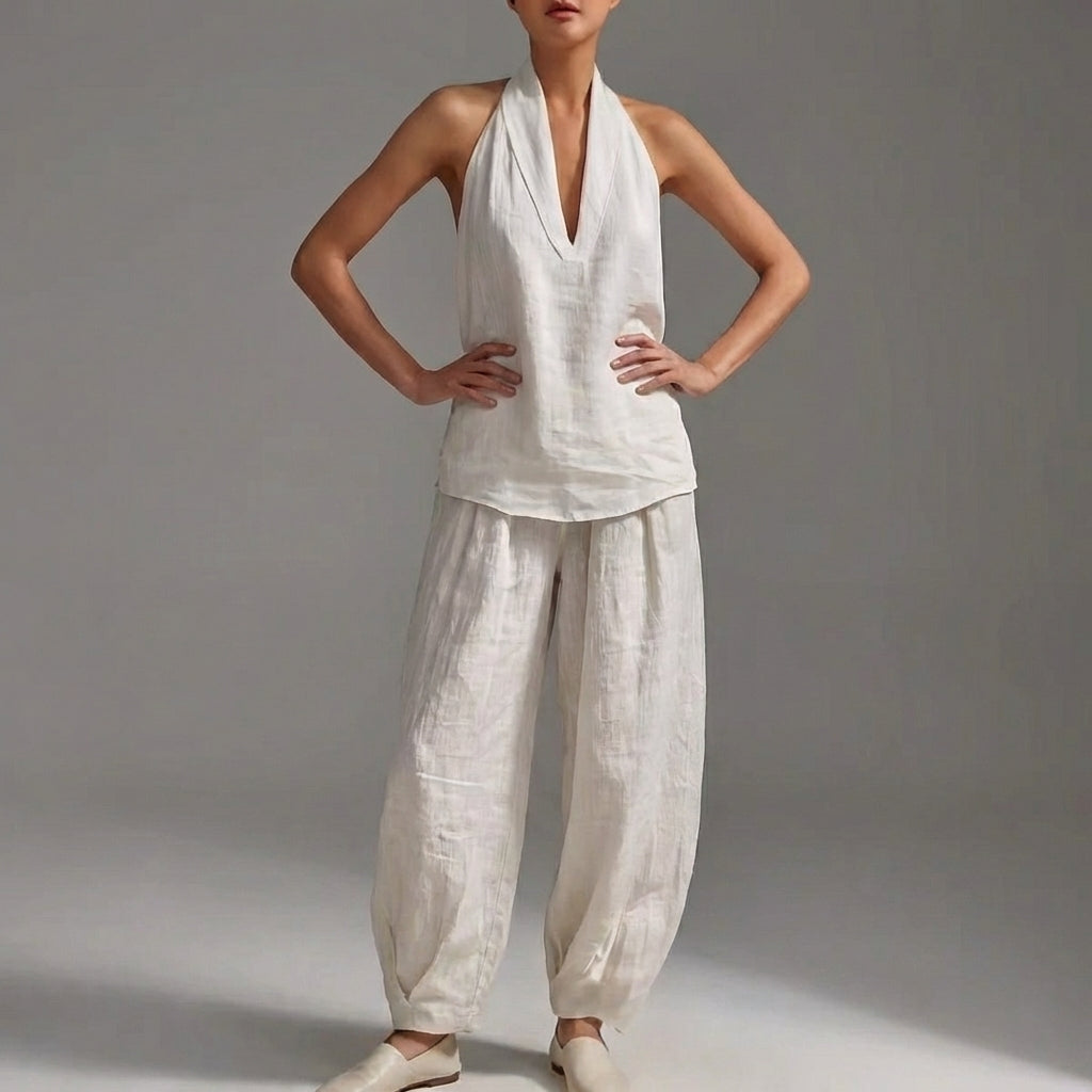 Duttini | Lightweight Two-Piece Halter V-Neck Suit With Wide-Leg Trousers