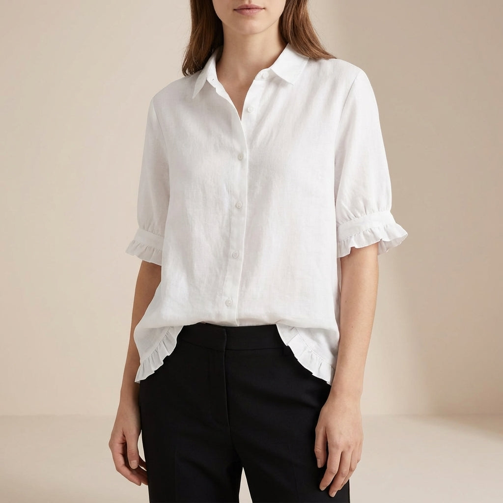 Duttini | Luxe Relaxed Boxy Button-Front Blouse With Ruffled Cuffs And Hemline