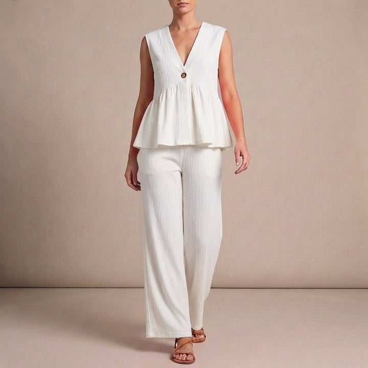 Duttini | Lightweight Textured Two-Piece Set With Peplum Top And Wide-Leg Pants