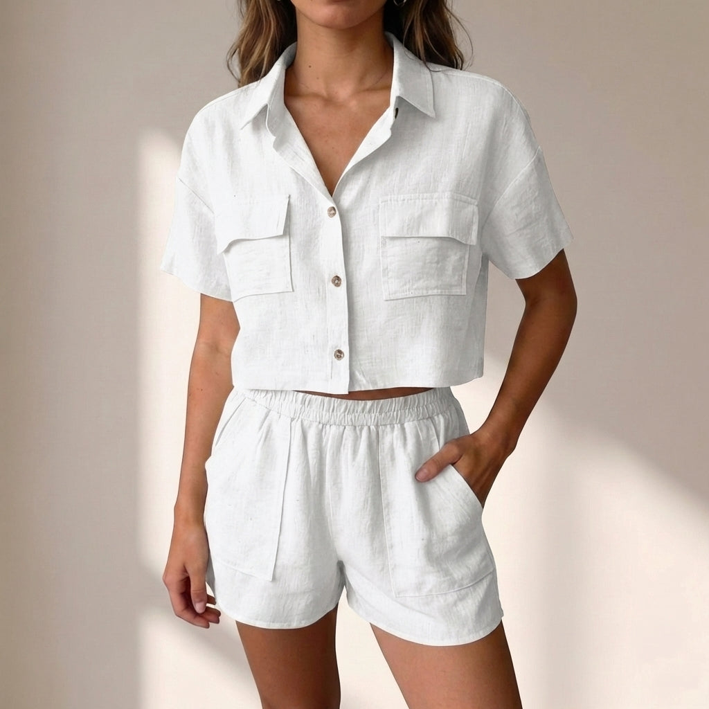 Duttini | Effortless Relaxed Collared Two-Piece Shorts Set In Lightweight Textured Woven Fabric