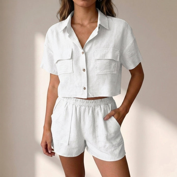 Duttini | Effortless Relaxed Collared Two-Piece Shorts Set In Lightweight Textured Woven Fabric