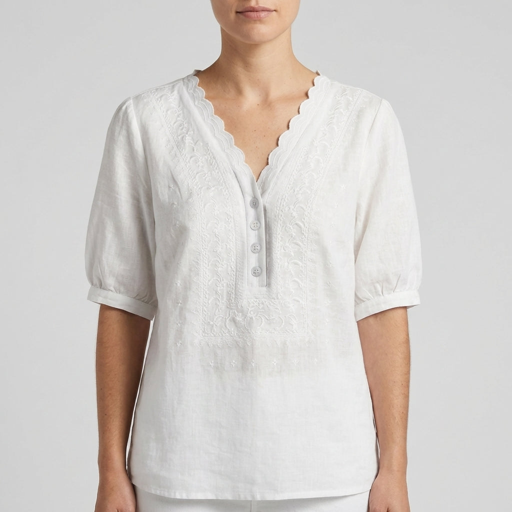 Duttini | Timeless Chloe Relaxed V-Neck Blouse With Embroidered Yoke And Scalloped Detail