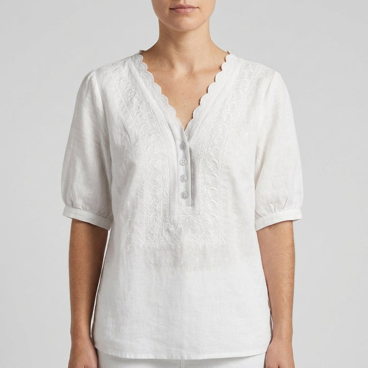 Duttini | Timeless Chloe Relaxed V-Neck Blouse With Embroidered Yoke And Scalloped Detail