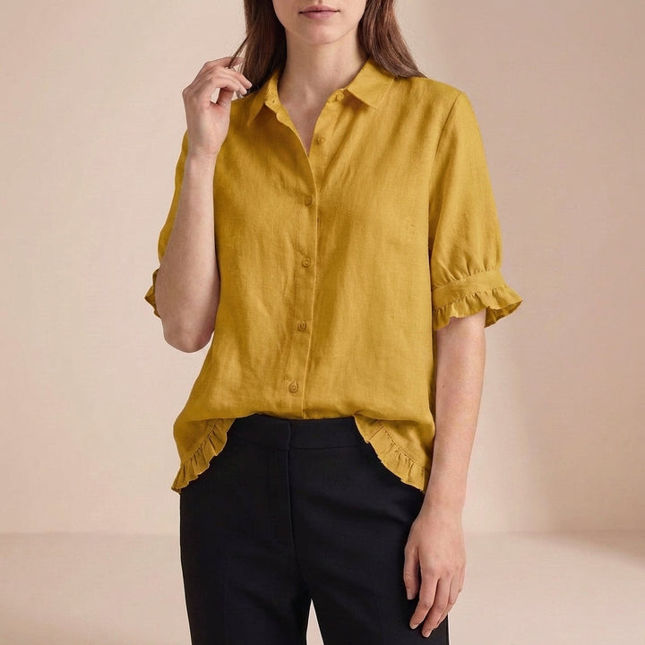 Duttini | Luxe Relaxed Boxy Button-Front Blouse With Ruffled Cuffs And Hemline
