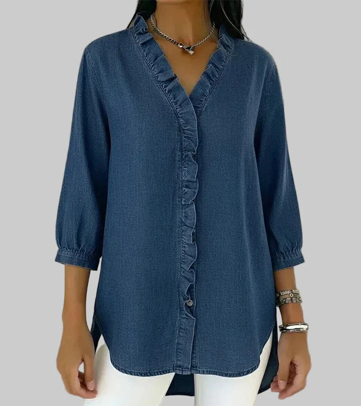 Duttini | Modern Ruffle V-Neck 3/4 Sleeve Blouse for Effortless Elegance