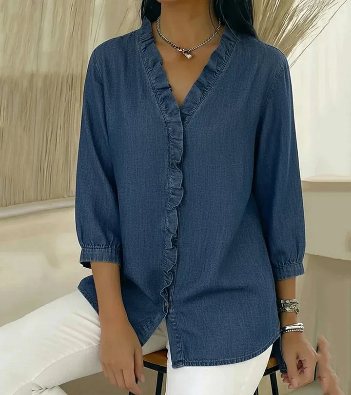 Duttini | Modern Ruffle V-Neck 3/4 Sleeve Blouse for Effortless Elegance