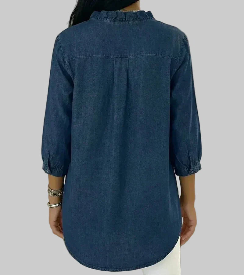 Duttini | Modern Ruffle V-Neck 3/4 Sleeve Blouse for Effortless Elegance