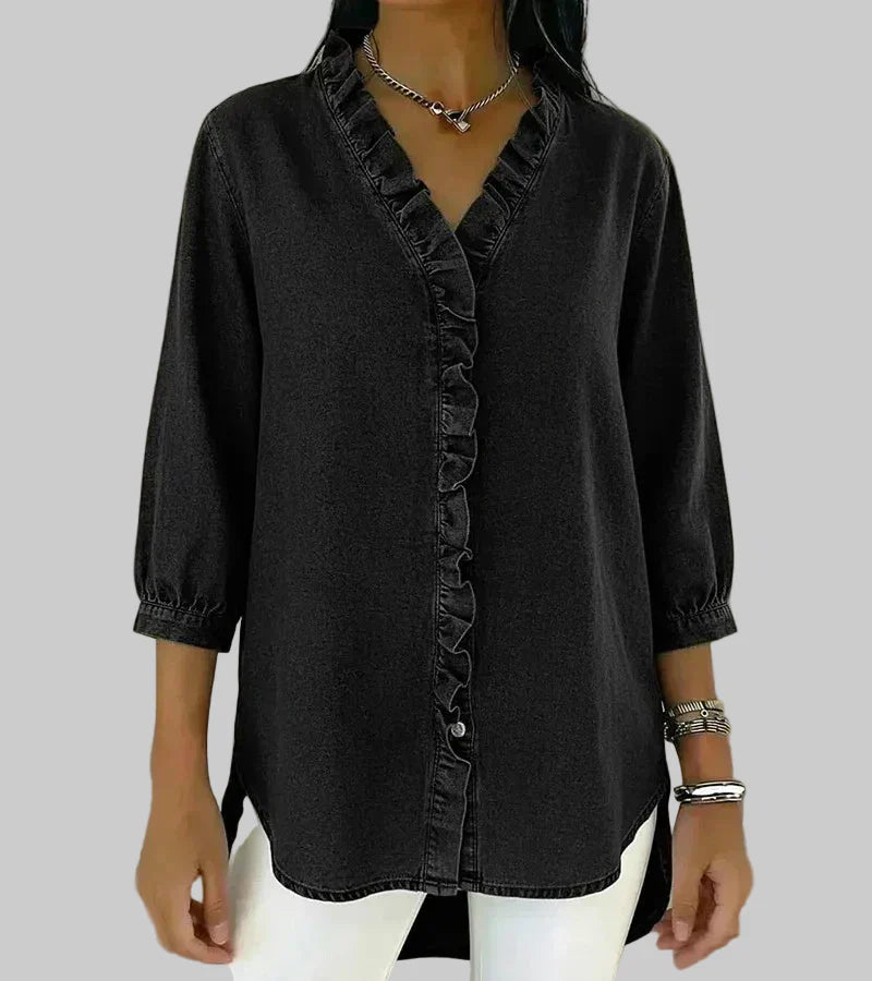 Duttini | Modern Ruffle V-Neck 3/4 Sleeve Blouse for Effortless Elegance