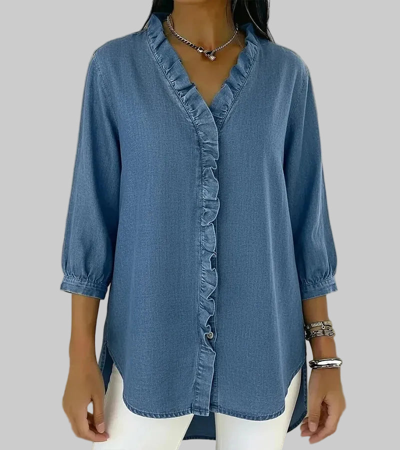 Duttini | Modern Ruffle V-Neck 3/4 Sleeve Blouse for Effortless Elegance