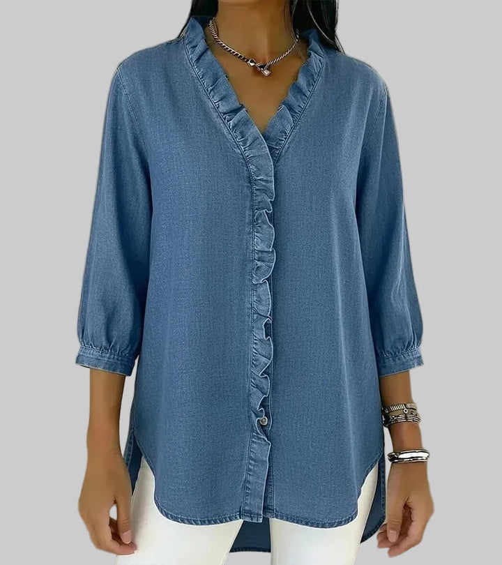 Duttini | Modern Ruffle V-Neck 3/4 Sleeve Blouse for Effortless Elegance