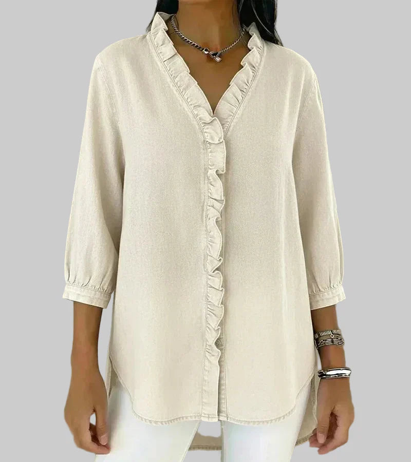 Duttini | Modern Ruffle V-Neck 3/4 Sleeve Blouse for Effortless Elegance
