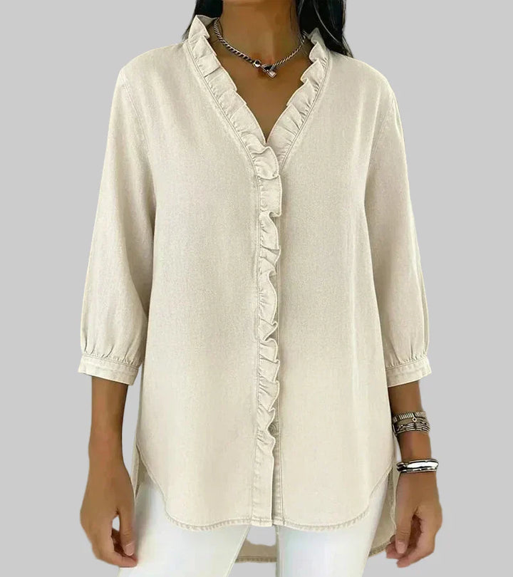 Duttini | Modern Ruffle V-Neck 3/4 Sleeve Blouse for Effortless Elegance