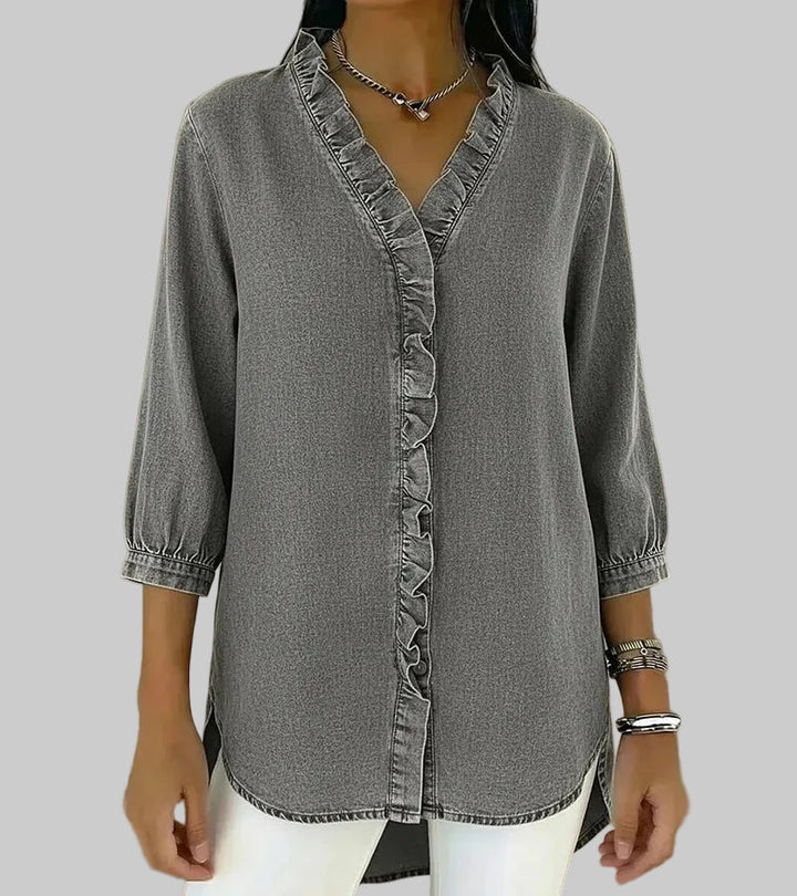 Duttini | Modern Ruffle V-Neck 3/4 Sleeve Blouse for Effortless Elegance
