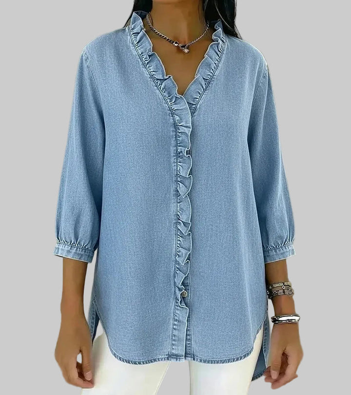 Duttini | Modern Ruffle V-Neck 3/4 Sleeve Blouse for Effortless Elegance