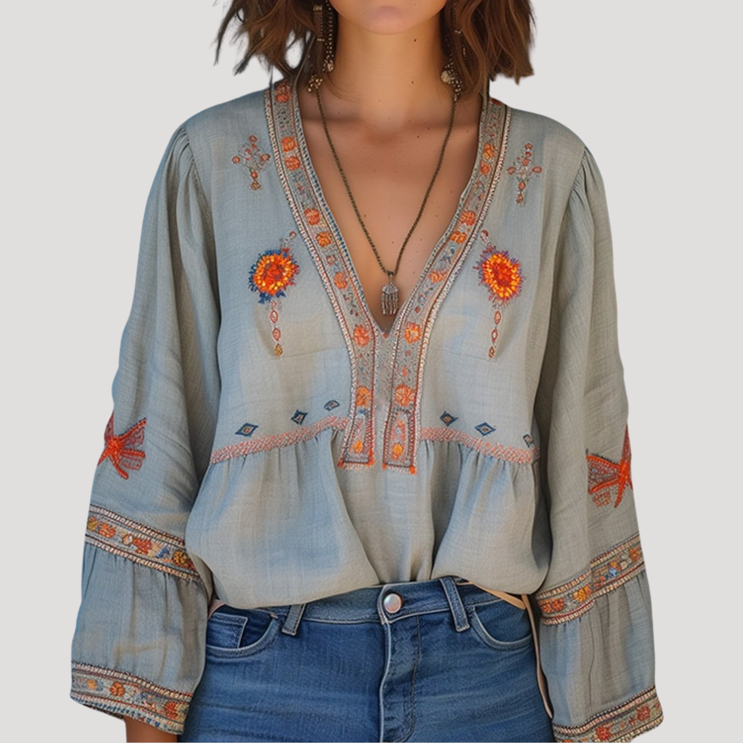 Duttini | Elegant Embroidered V-Neck Long Sleeve Blouse