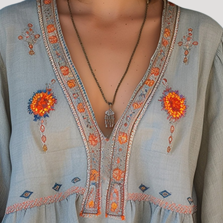 Duttini | Elegant Embroidered V-Neck Long Sleeve Blouse