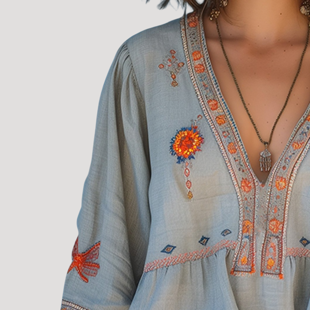 Duttini | Elegant Embroidered V-Neck Long Sleeve Blouse
