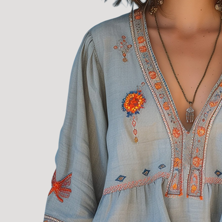 Duttini | Elegant Embroidered V-Neck Long Sleeve Blouse