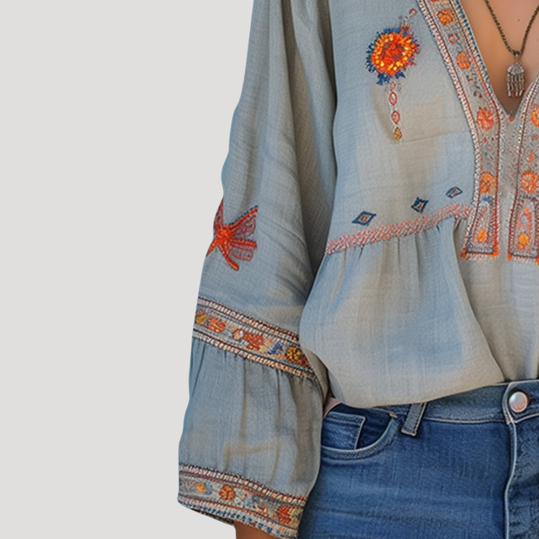Duttini | Elegant Embroidered V-Neck Long Sleeve Blouse