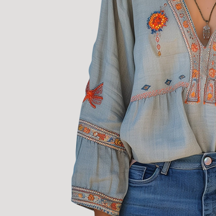 Duttini | Elegant Embroidered V-Neck Long Sleeve Blouse