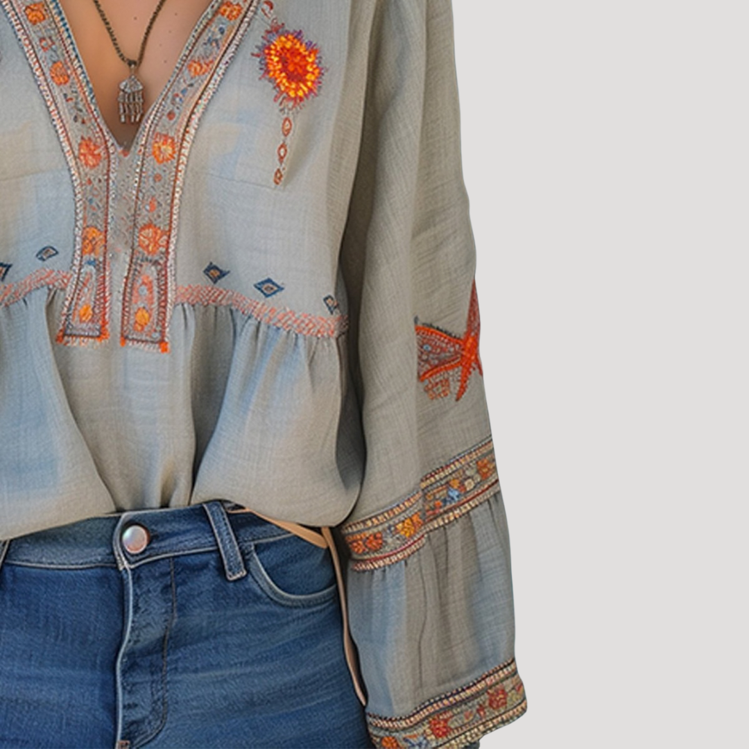 Duttini | Elegant Embroidered V-Neck Long Sleeve Blouse